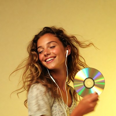 Smiling woman holding CD with earphones