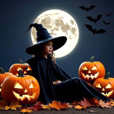 Girl in witch costume with pumpkins
