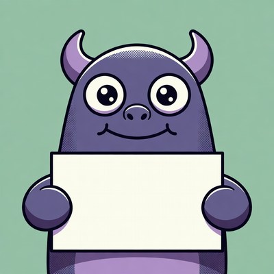 Cartoon purple demon holding blank sign