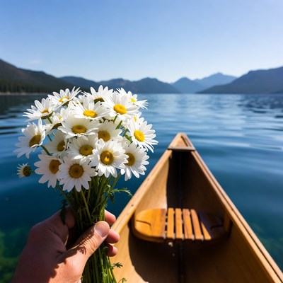 Hand holding daisies in canoe