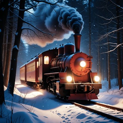 Red Steam Train in Snowy Forest