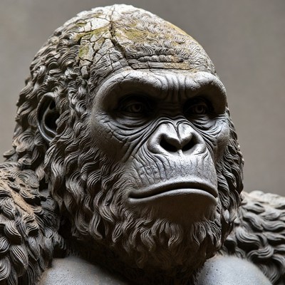 Mossy stone gorilla head sculpture
