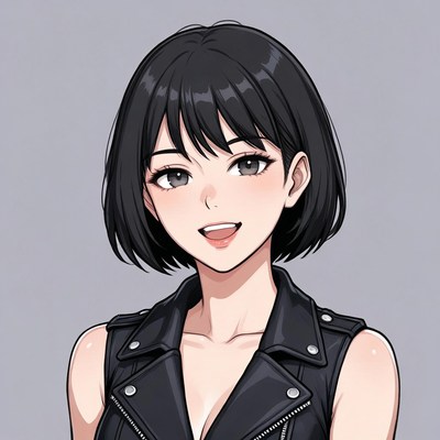 Anime girl smiling in leather vest