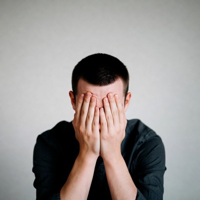 Man covering face with hands