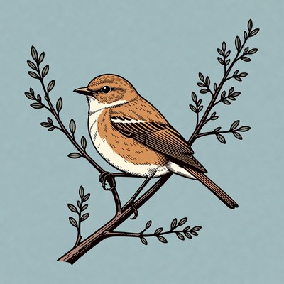 Whinchat Bird on Branch Illustration