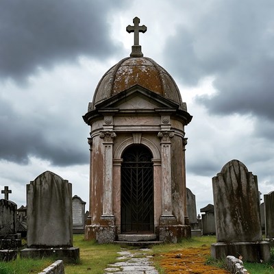 Old Mausoleum with Cross in Cemetery