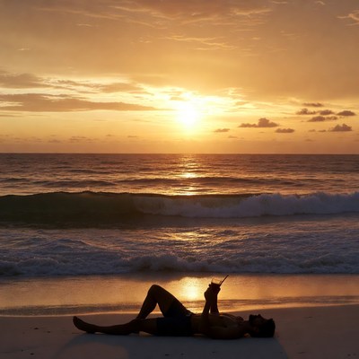 Man using phone on beach at sunset