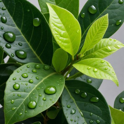 Green leaves with water droplets