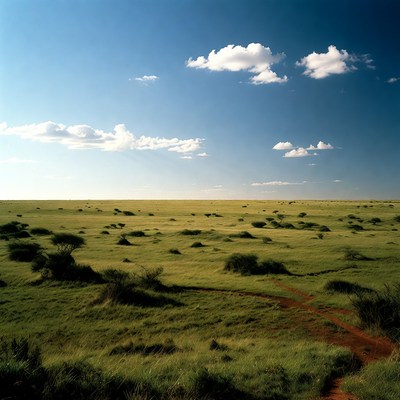 Vast green savanna with dirt path