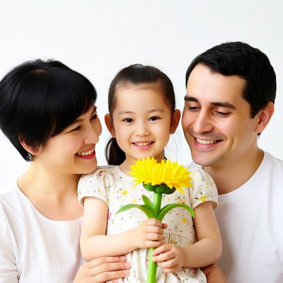 Asian family holding yellow flower