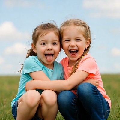 Two girls hugging sticking tongues out