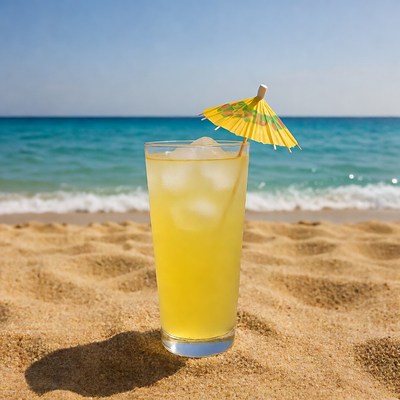 Yellow cocktail with umbrella on beach