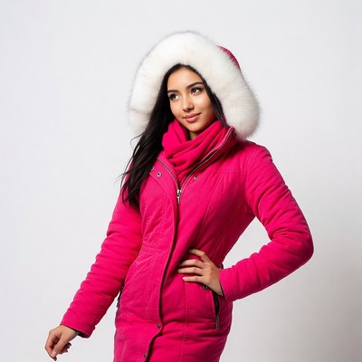 Woman in pink fur hood jacket
