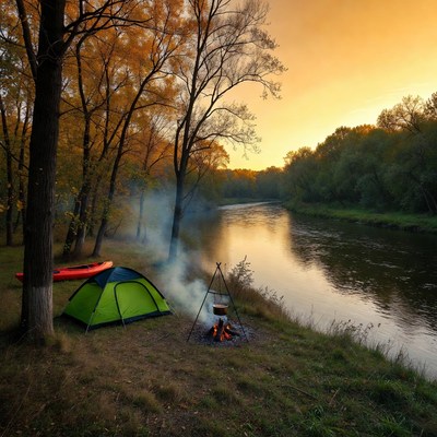 Tent and Campfire by Autumn River