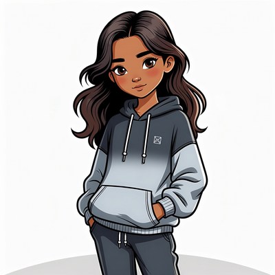 Cartoon girl in hoodie and sweatpants