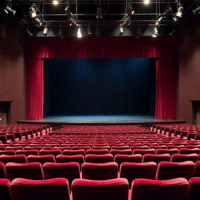 Empty Theater with Red Curtains and Seats