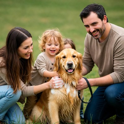 Family with wet Golden Retriever in grass