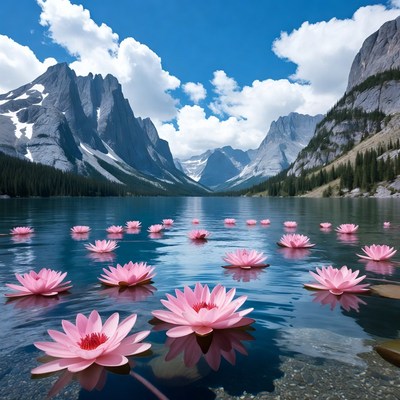 Pink Lotus Flowers in Mountain Lake