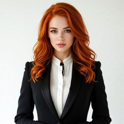 Redhead woman in black blazer suit