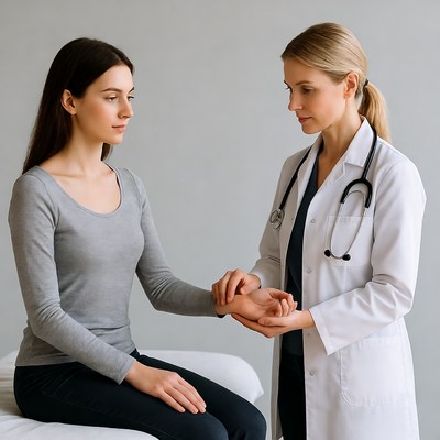Doctor examining young woman's wrist