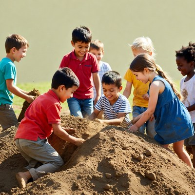Diverse children playing in sand pile