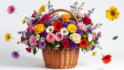 Colorful Flowers in Wicker Basket