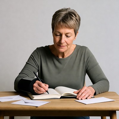 Mature woman writing in notebook