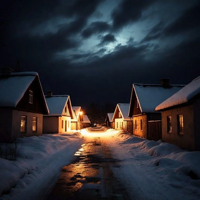 Snowy Village Street Under Moonlit Sky
