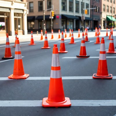 Orange traffic cones on city street