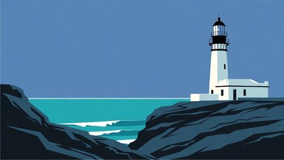 White Lighthouse on Cliff Over Ocean