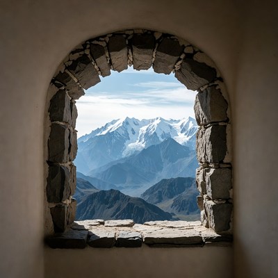Snowy Mountains Through Stone Arch Window