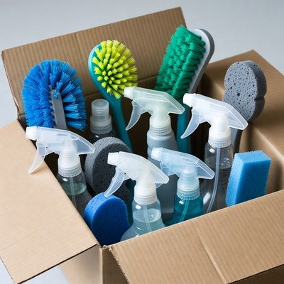 Cleaning supplies in open box