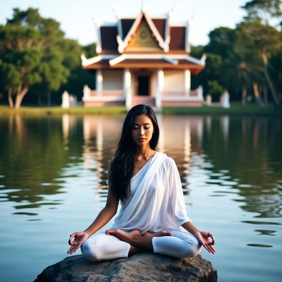 Asian woman meditating by Thai temple lake