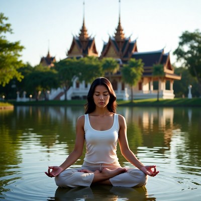 Asian woman meditating in lotus pose by temple lake