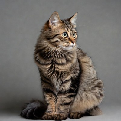 Tabby cat sitting on gray background