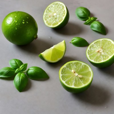 Fresh Limes and Basil Leaves