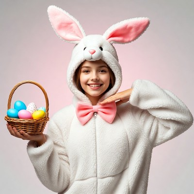 Girl in bunny costume holding Easter eggs