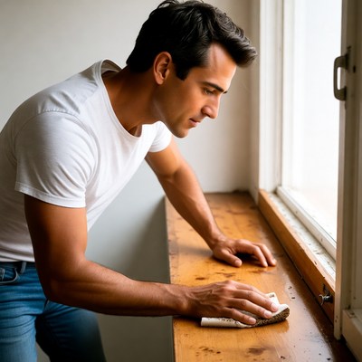 Man cleaning wooden windowsill