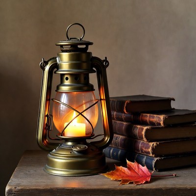 Vintage Lantern with Old Books and Autumn Leaf