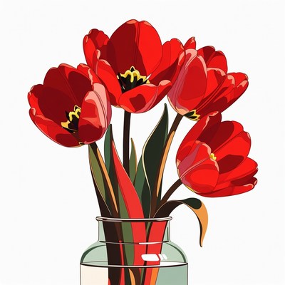 Red Tulips in Glass Vase