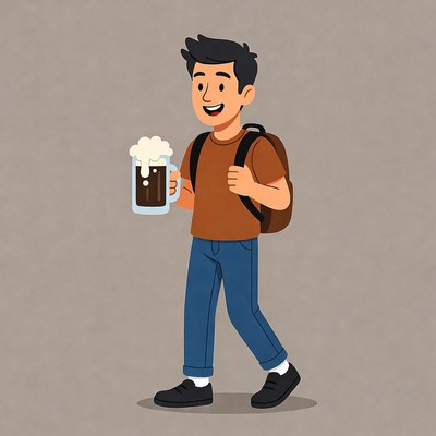 Asian man drinking beer with backpack