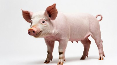 Pink pig standing on white background