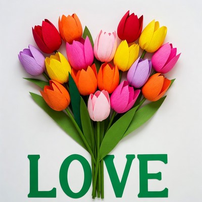 Colorful Paper Tulips Heart with LOVE