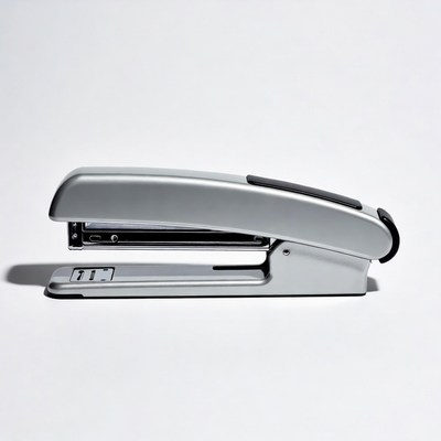 Silver stapler on white background