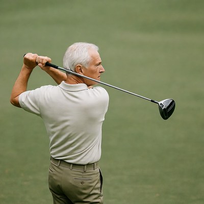 Elderly man swinging golf club