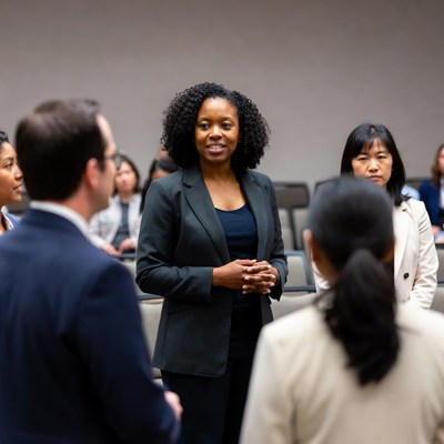 African-American woman speaking in meeting
