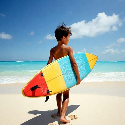 Boy carrying surfboard on beach