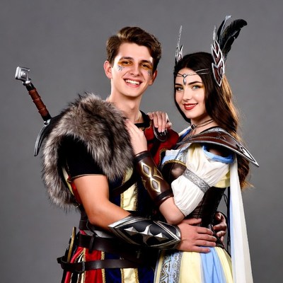 Young couple in Viking cosplay costumes