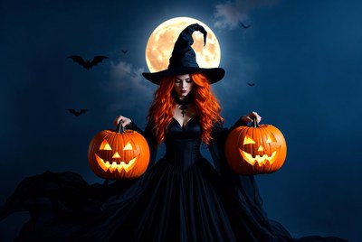 Redhead Witch Holding Pumpkins