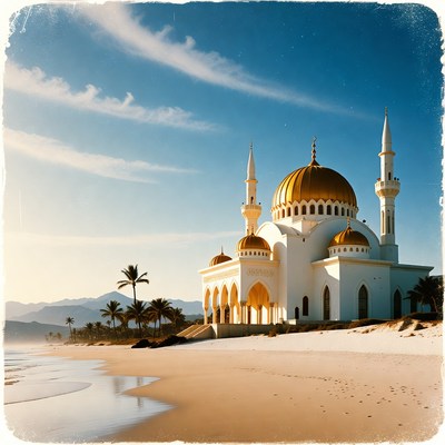 White Mosque on Beach with Palm Trees